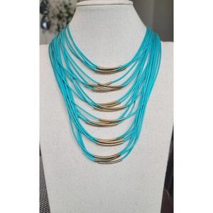 Vintage Blue Corded Bib Necklace with Gold Tube Beads and Magnetic Clasp